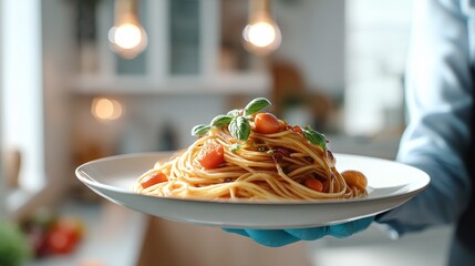Photograph of a plate of spaghetti with tomatoes and basil being held by a personâ€™s hand.