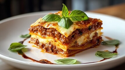 Photograph of layered lasagna with tomato sauce, bÃ©chamel, and fresh basil leaves on a white plate.