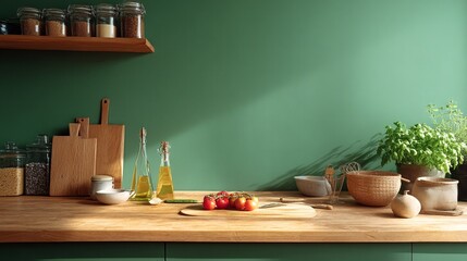 Photograph of a rustic kitchen scene with wooden boards, jars, herbs, and a green wall backdrop.