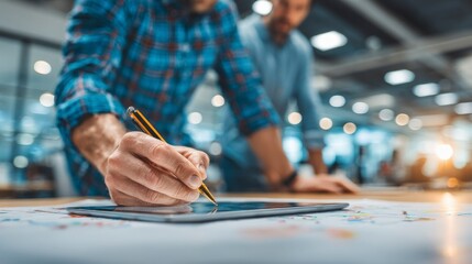 Collaborative Business Meeting with Digital Tablet and Pen Focused on Data Analysis and Planni