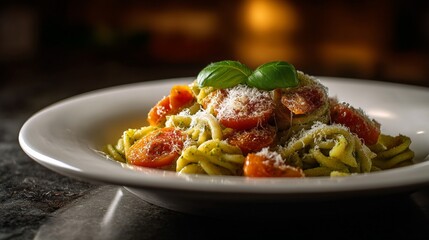 Photograph of pasta with cherry tomatoes, basil, and parmesan cheese served on a white plate.