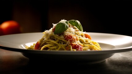 Photograph of spaghetti with tomatoes and parmesan cheese on a plate, illuminated dramatically.