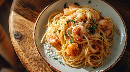 Photograph of shrimp pasta on a rustic wooden plate, garnished with parmesan cheese and herbs.
