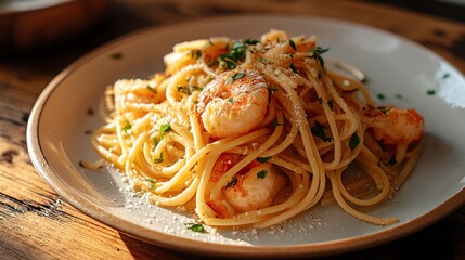 Photograph of spaghetti alle vongole with shrimp, garnished with parsley and parmesan cheese.