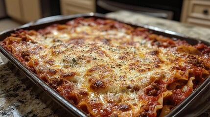 Photograph of baked lasagna with melted cheese and breadcrumbs on a speckled countertop.