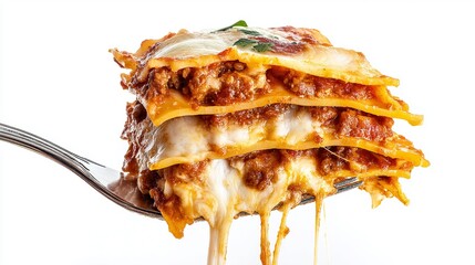 Photograph of layered lasagna with melted cheese and herbs on a fork.