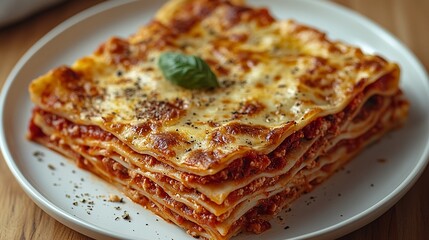 Photograph of layered lasagna on a white plate, topped with parmesan cheese and basil.