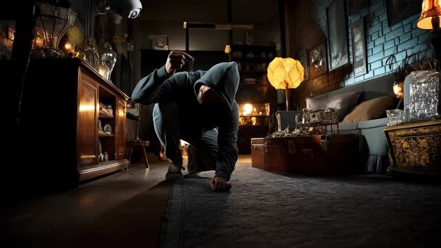 Person in a hoodie crouched down in a home holding a beaded chain next to a vintage cabinet in a dimly lit space.
