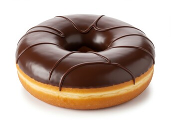 Obraz premium A round chocolate donut with glossy icing, isolated on a white background, highlighting its tempting appearance.