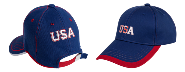 Patriotic baseball cap with embroidered USA text, rear angle view, isolated PNG