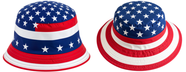 Modern bucket hat with American flag print, top-down view, isolated on transparent background