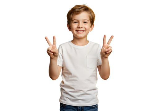 A boy giving a peace sign with both hands, isolated 