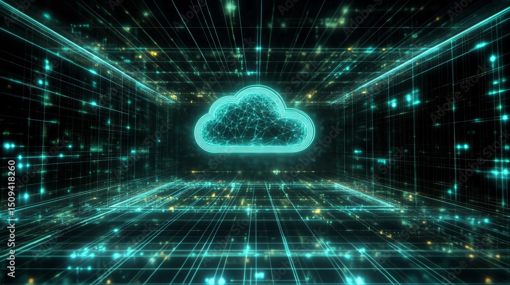 Poster abstract digital cloud computing network technology futuristic data center server room modern green 