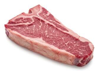 Bife T-bone fresco, com rica textura marmorizada e cor vermelha intensa, em fundo branco, ideal para promo&ccedil;&otilde;es de carnes.