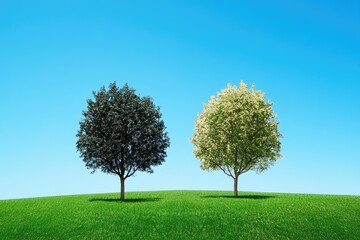 Fototapeta premium Two trees stand on a green hill against a clear blue sky, representing nature's beauty