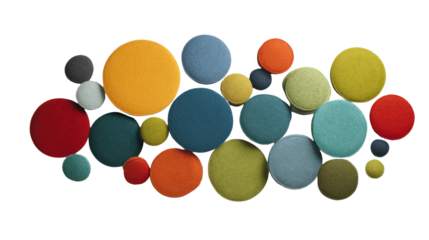 Colorful circular sound panels in various sizes create a vibrant arrangement on a transparent background, offering a modern solution for acoustic treatment in diverse spaces