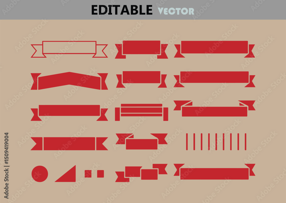 Poster collection of red ribbon banners and shapes in vector format for graphic design and decoration with 