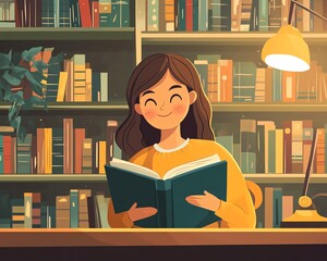 Student browses and reads educational content in library