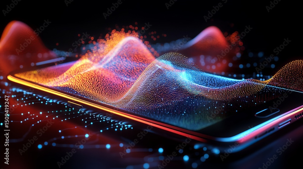 Poster abstract digital waveform on modern smartphone screen futuristic technology background orange blue g