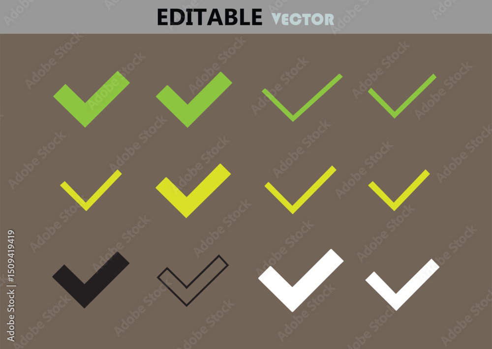 Poster collection of check mark icons in various colors and styles for graphic design and user interface el