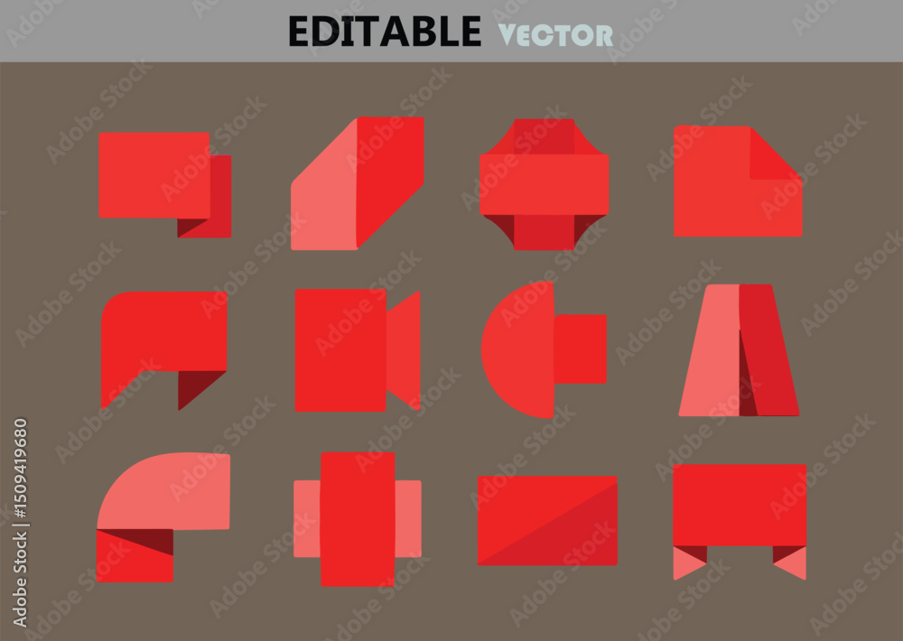Poster collection of twelve red abstract shapes with folded edges suitable for logos icons banners or other