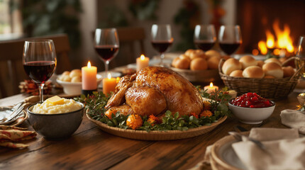 Thanksgiving dinner setting with roasted turkey, side dishes, and festive decorations displayed around a warm fireplace