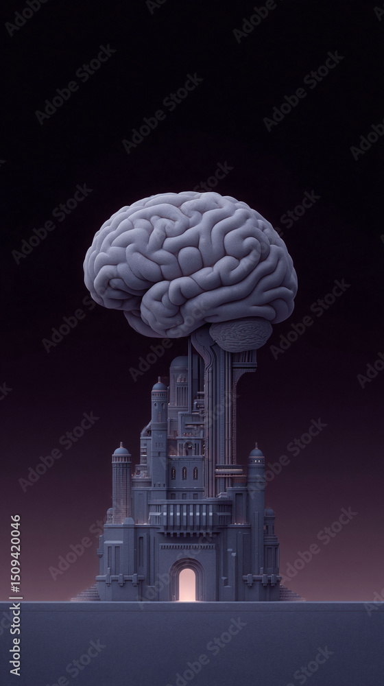 Poster surreal composition featuring a brain atop a castlelike structure. evokes concepts of intellect, arc