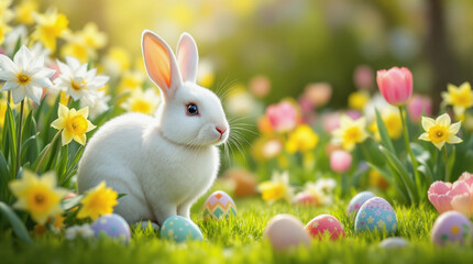 Obraz premium White rabbit among colorful Easter eggs in a blooming garden filled with spring flowers during daylight