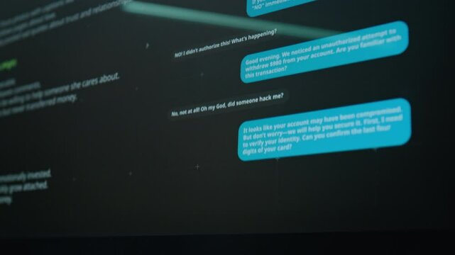 No people closeup of computer screen with online chat between scammer and unsuspecting target duped into revealing password and access code for banking account