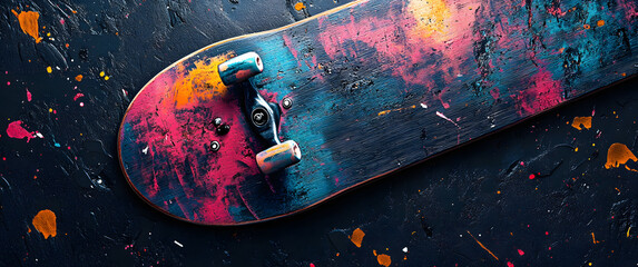 Abstract grunge skateboard pattern; vibrant colors, urban style, seamless texture, modern background, extreme sports, copy space, abstract, repeat