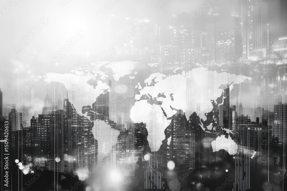 Poster a double exposure of an upward-trending graph with a cityscape and world map, representing global bu