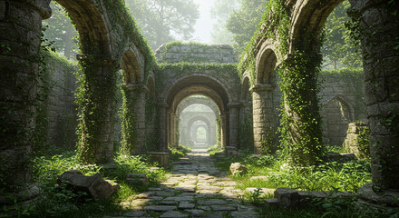 Fototapeta premium Stone archway corridor overgrown with greenery in a forest with sunlight filtering through trees