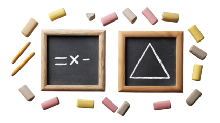 Two small chalkboards featuring math symbols, including an equals sign, multiplication sign, and triangle, surrounded by colorful erasers and pencils on a transparent background