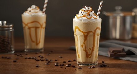 Delicious caramel flavored milkshake topped with whipped cream, chocolate drizzle, and caramel syrup in a cozy cafe setting, inviting and appetizing