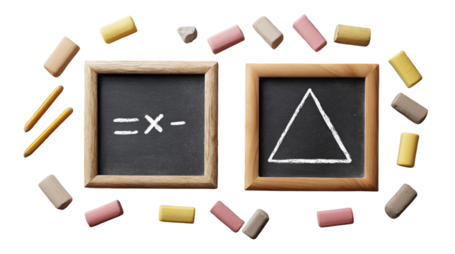 Two small chalkboards featuring math symbols, including an equals sign, multiplication sign, and triangle, surrounded by colorful erasers and pencils on a transparent background