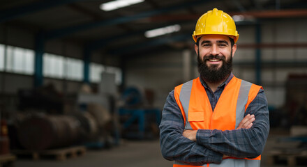 A smiling construction worker in a hard hat and safety vest stands in a warehouse with arms crossed