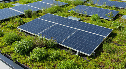 Solar panels surrounded by green vegetation on a rooftop offering a sustainable energy solution view