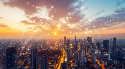 Naklejka premium Global Network Connection Cityscape Stunning Sunset Skyline Modern Urban Technology Digital Innovation Futuristic Smart City Development Aerial View Bright Lights Evening Golden 