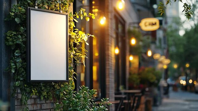 Blank sign on urban cafe storefront at dusk