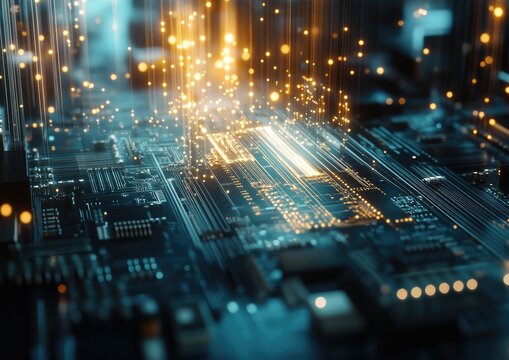 High-tech circuit board with glowing particles.  Complex electronic circuitry detailed with golden light particles suspended above and around it - Powered by Adobe