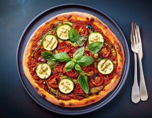 Vegane Pizza mit rotem Tomatenpesto, gegrillten Zucchinistreifen, getrockneten Tomaten und veganem K&auml;se