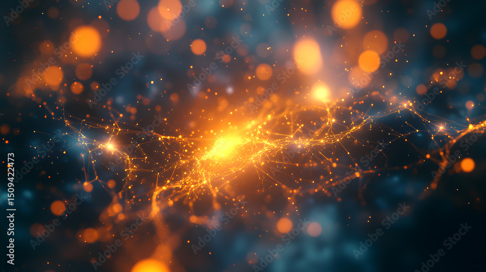 Poster abstract technology background depicting a complex network of interconnected lines and glowing orang