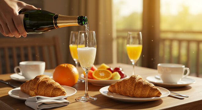 Pouring champagne into a glass during a breakfast with croissants, orange juice and fruit salad - Powered by Adobe
