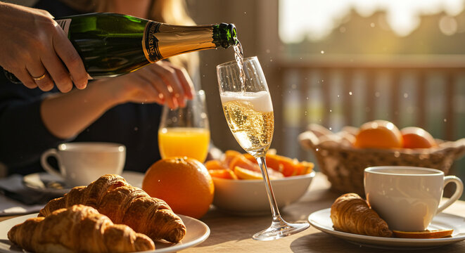 Pouring champagne into flute glass during a breakfast with croissants and orange juice on a sunny day