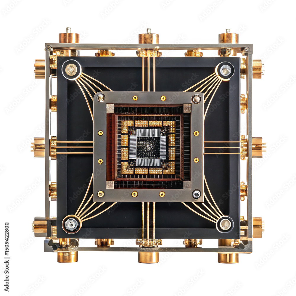 Poster quantum computing core featuring superconducting qubits, highlighting advanced technology and futuri