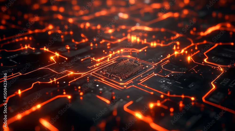 Poster abstract technology background orange glowing circuit board digital art high tech futuristic design 