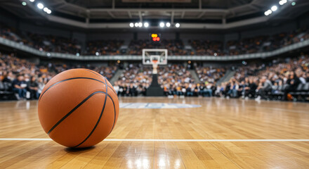A basketball on a polished wooden court with a blurred crowd and hoop in the background view setting