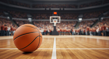 Close up of basketball on court with blurred stadium background and hoop in the distance center frame