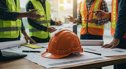 Construction team reviewing blueprints with hardhat and laptop on table in bright office space