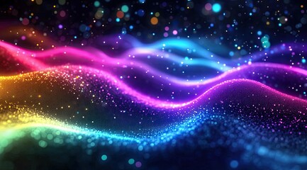 Fototapeta premium Vibrant, colorful waves of light and particles flow across a dark background, creating a mesmerizing, abstract scene